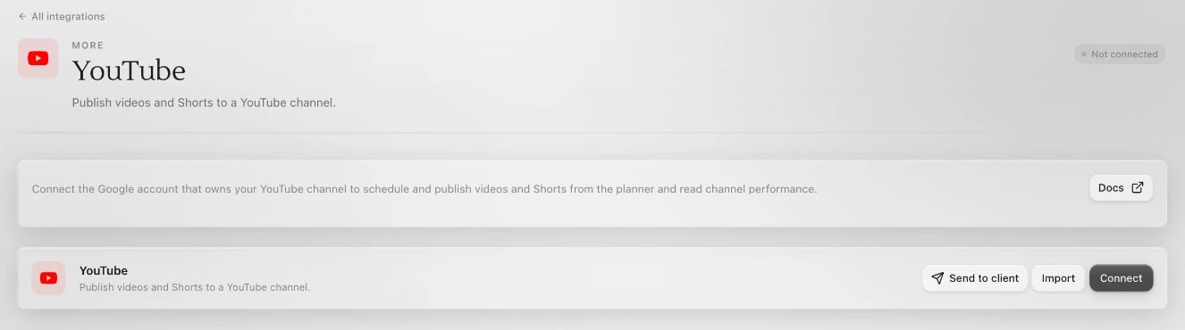 The YouTube page in Sapt, not connected yet, with Send to client, Import and Connect