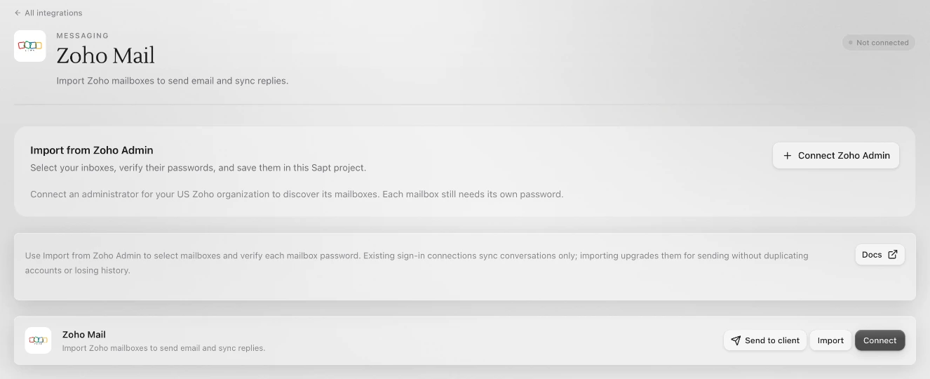 The Zoho Mail page in Sapt with the Import from Zoho Admin panel and its Connect Zoho Admin button at the top, and the Zoho Mail card with Connect below