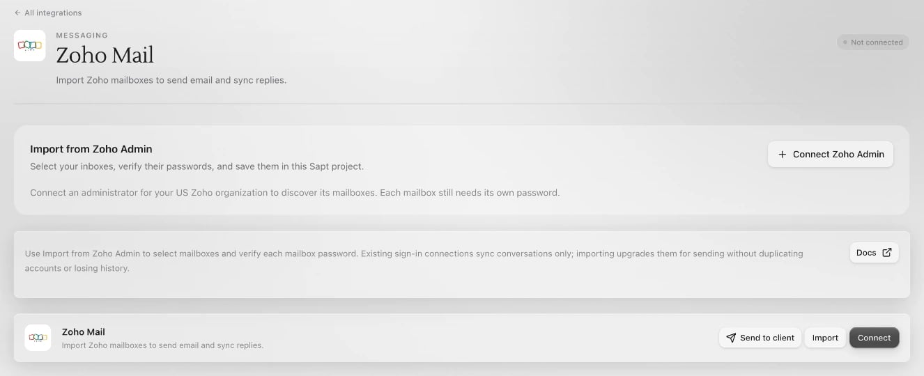 The Zoho Mail page in Sapt with the Import from Zoho Admin panel and its Connect Zoho Admin button at the top, and the Zoho Mail card with Connect below