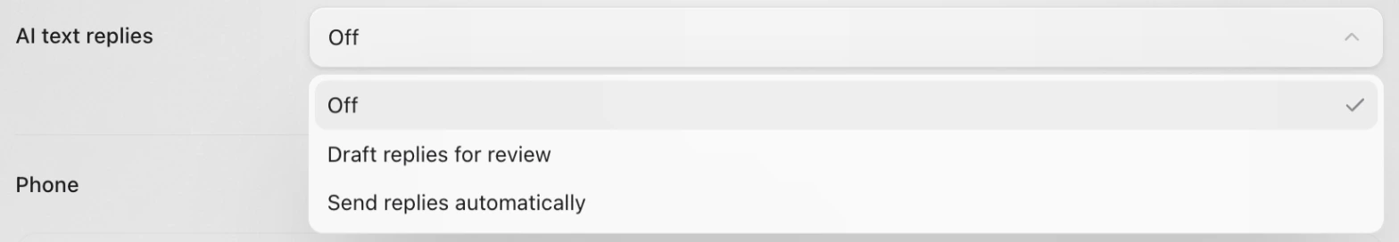 The AI text replies list in Project Settings, open on Off, Draft replies for review and Send replies automatically