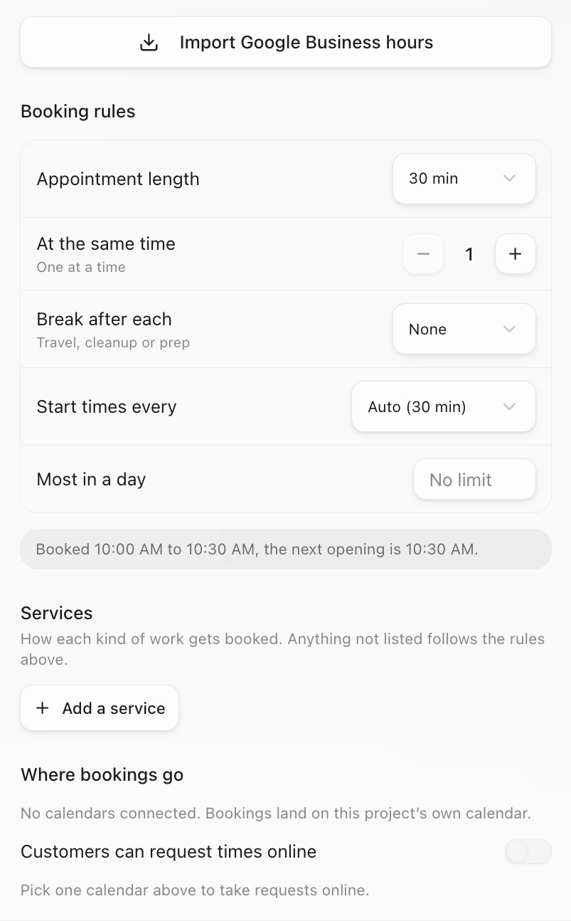 Further down the Availability panel: Import Google Business hours, Booking rules, Services and Where bookings go