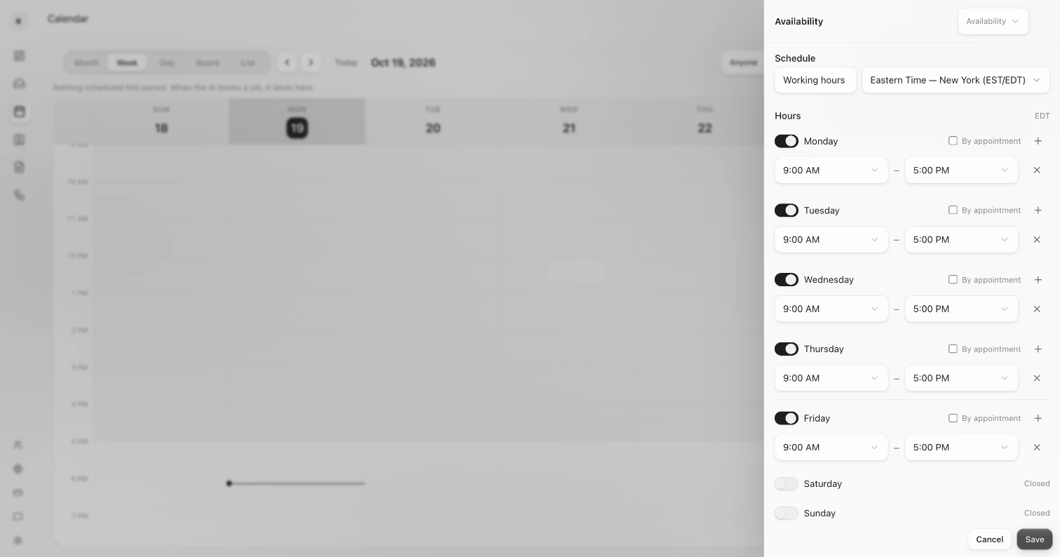 The Availability panel open over the Calendar: the Working hours schedule, its time zone and the hours for each day