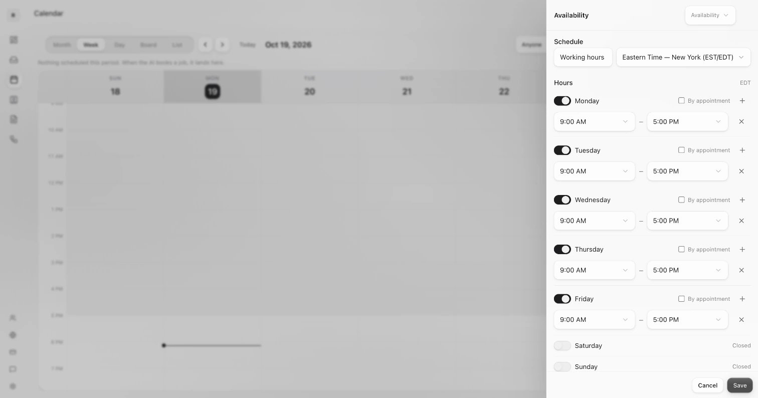 The Availability panel open over the Calendar: the Working hours schedule, its time zone and the hours for each day