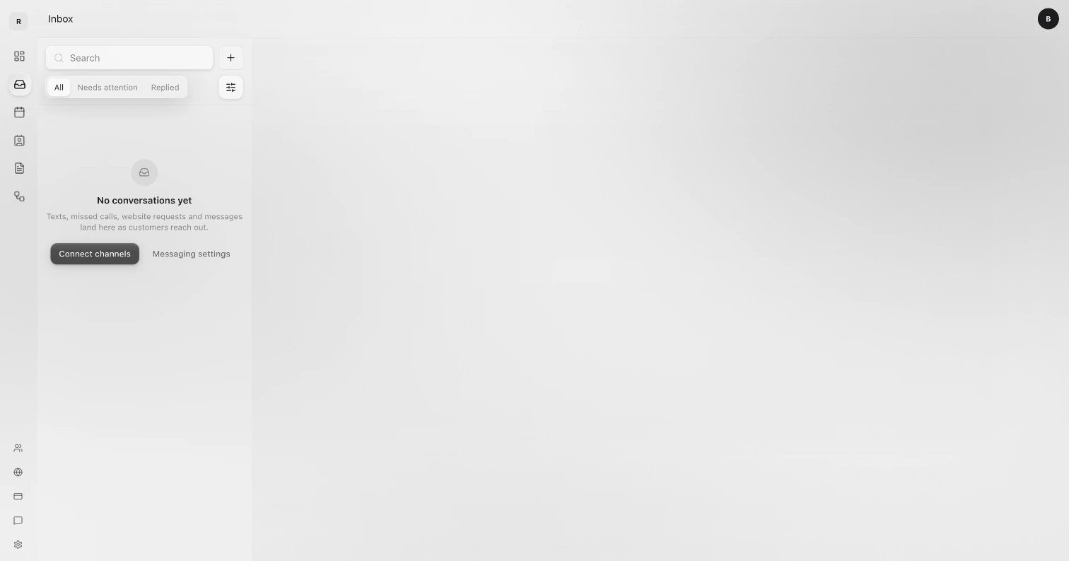 An empty Inbox that says No conversations yet, with Connect channels and Messaging settings