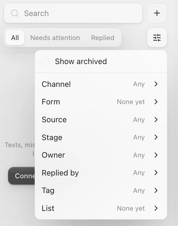 The Inbox filter menu: Show archived, then Channel, Form, Source, Stage, Owner, Replied by, Tag and List