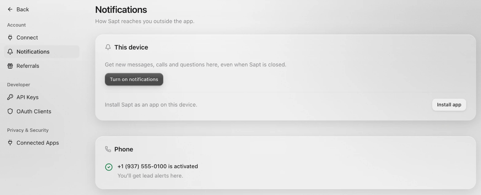 Account, Notifications, after the code: This device with Turn on notifications, and Phone with a number that is activated for lead alerts