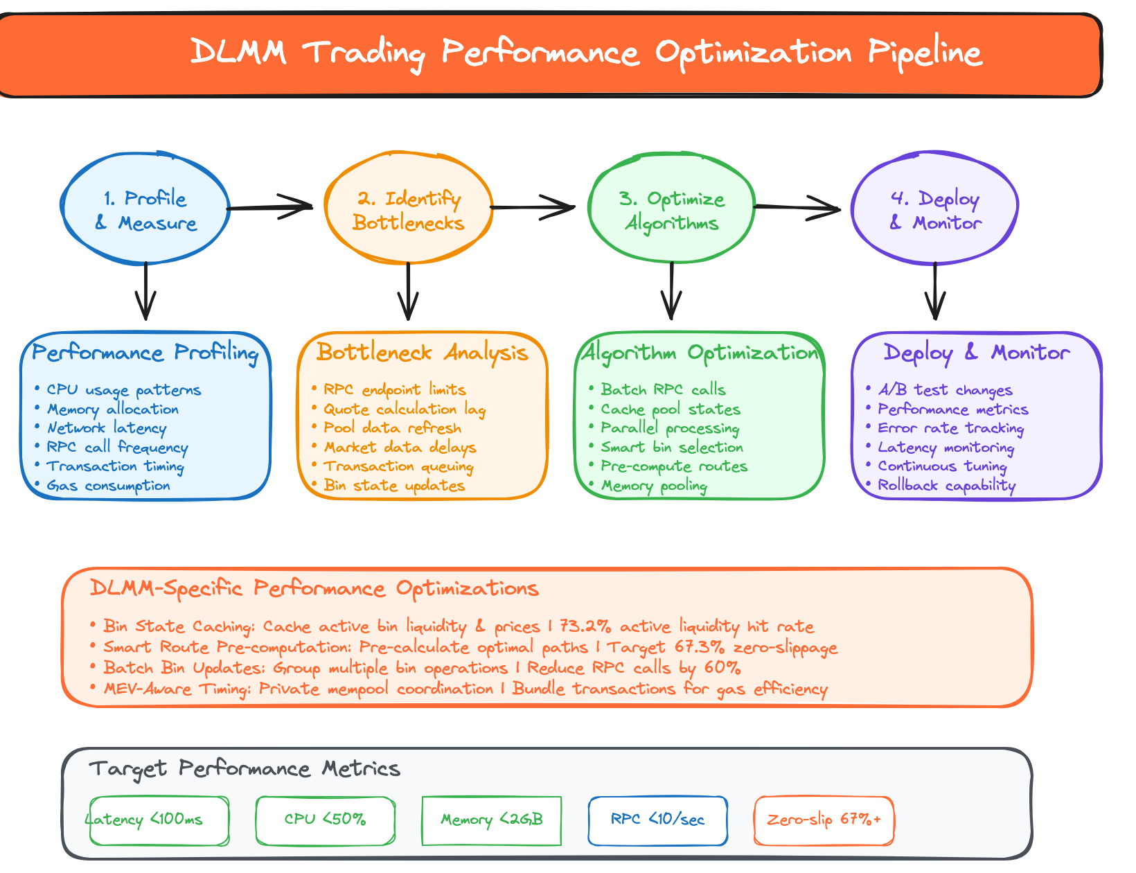 Performance optimization pipeline showing caching, batch processing, and latency reduction techniques