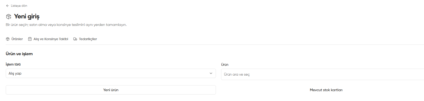 Make a purchase transaction type, product search, New product and Existing stock records on the New entry screen