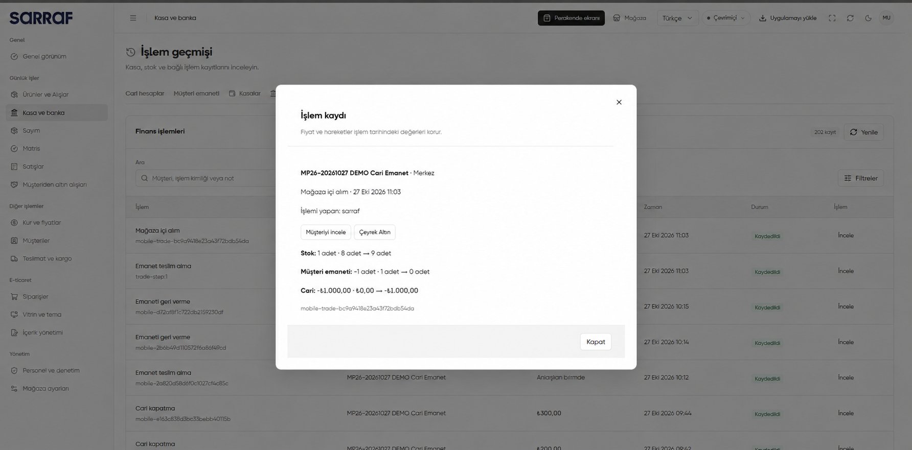 Fiche d’opération avec date, auteur, client et produit liés, et mouvements de stock, de dépôt et de compte client