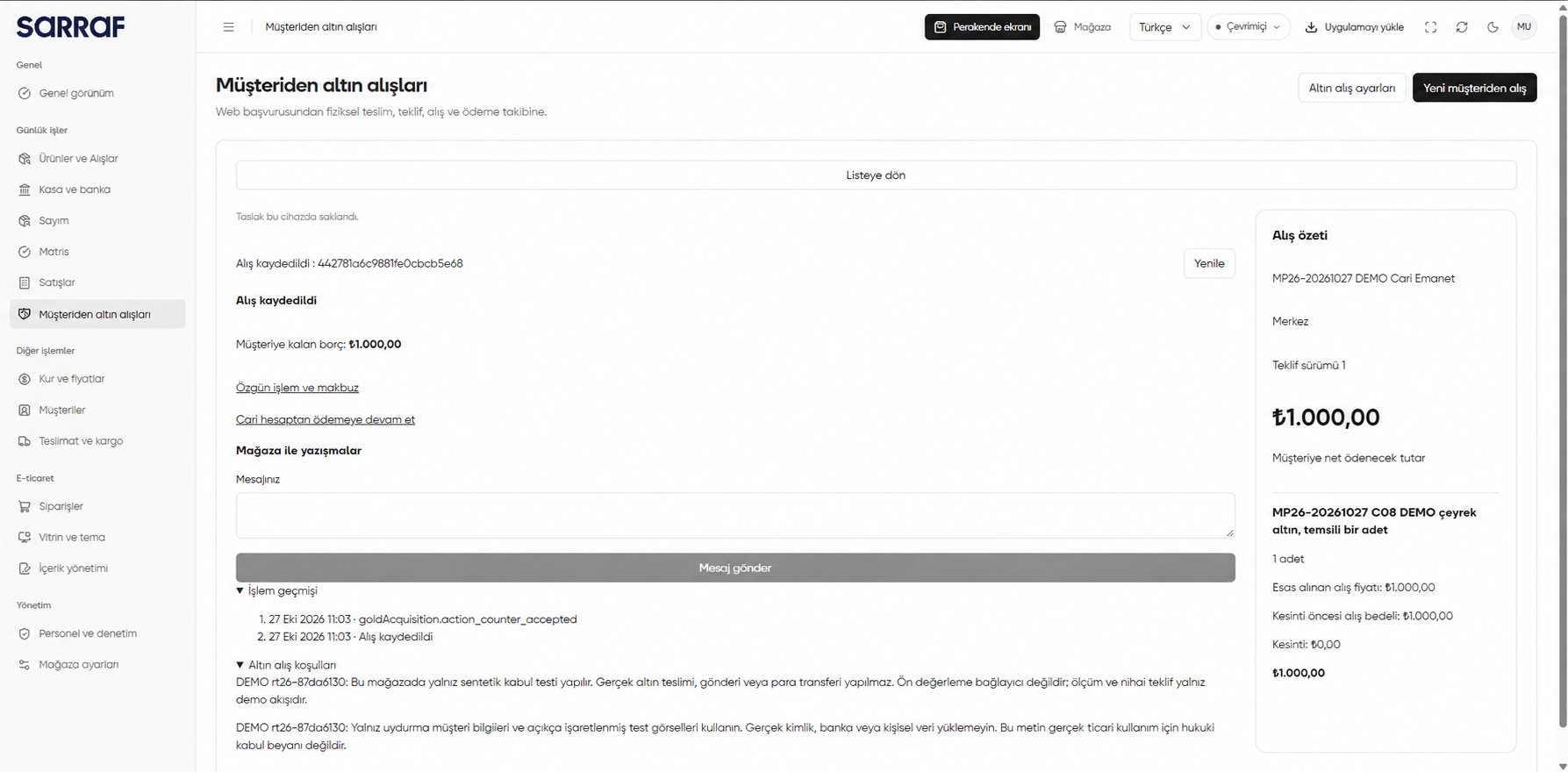 Détail d’un achat d’or avec statut, reste dû, liens vers l’opération et le paiement, échanges, historique, conditions et résumé