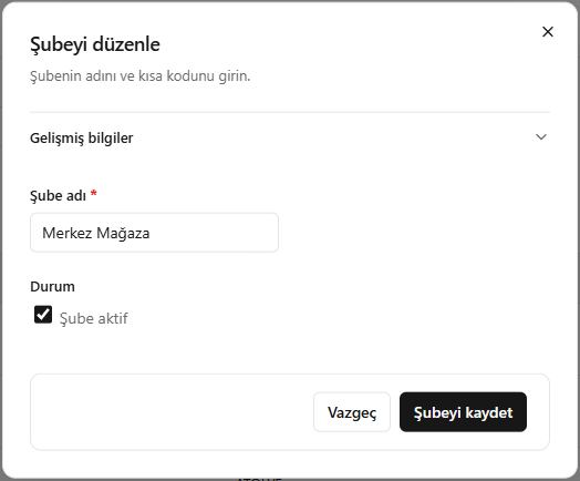 SARRAF — Şube bilgilerini düzenleme ekranı