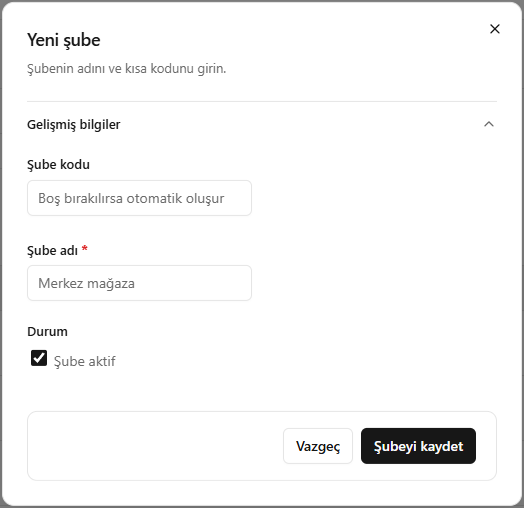SARRAF — Yeni şube ekleme ekranı