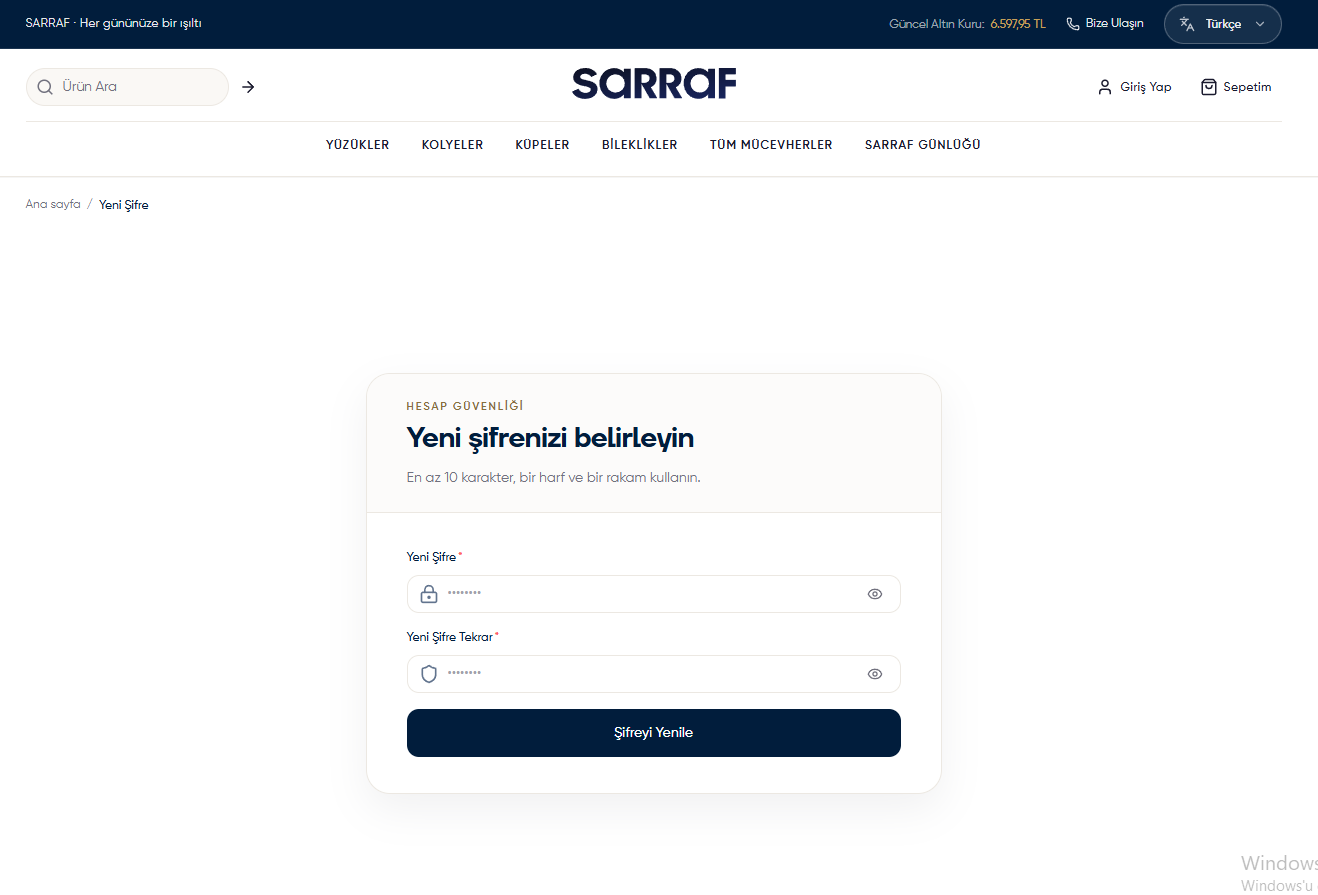 Yeni şifre belirleme ekranı