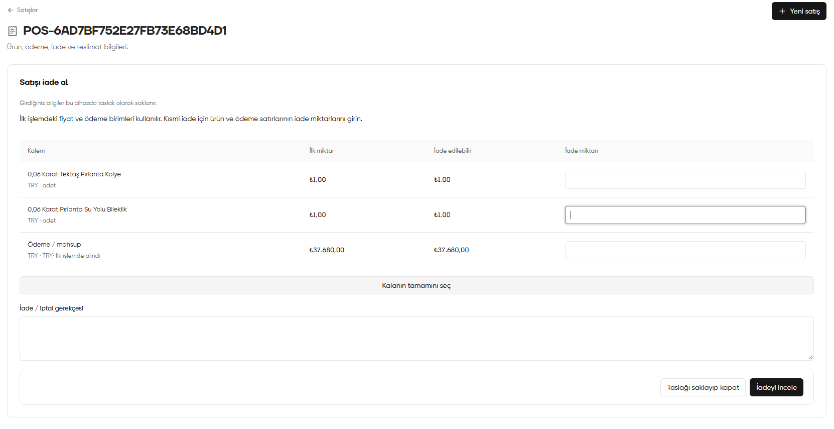 Sales return form with original quantity, returnable quantity, return quantity, select all remaining and review return fields
