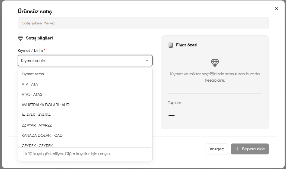 Ürünsüz satışta ATA, altın ayarları ve döviz birimlerinin seçilebildiği arama listesi