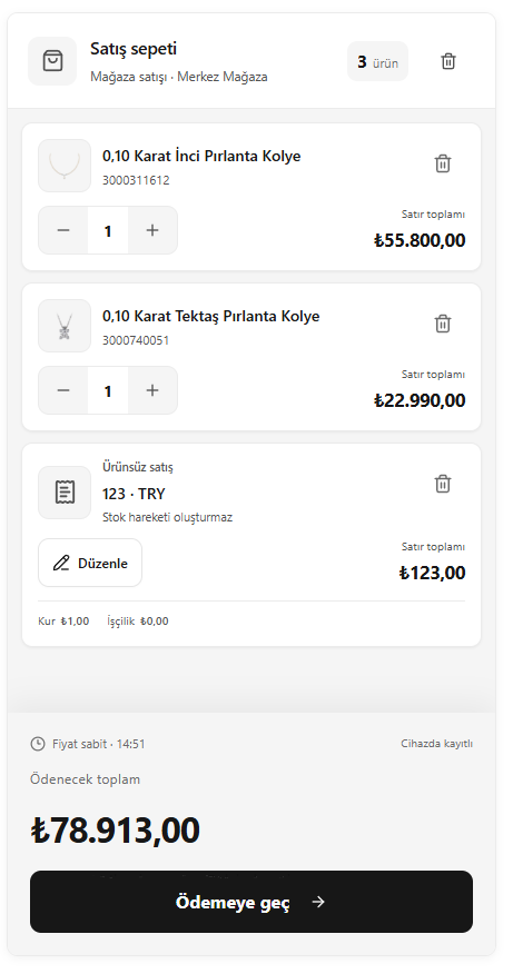 SARRAF — Satış sepetini kontrol etme ekranı