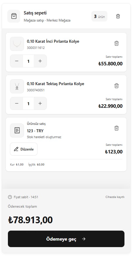 SARRAF — Satış sepetini kontrol etme ekranı