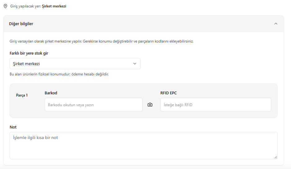 SARRAF — Stok girişinin diğer bilgileri ekranı
