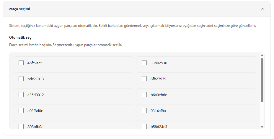SARRAF — Dağıtılacak parçaları seçme ekranı