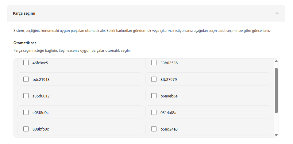 SARRAF — Stok çıkışında parça seçimi ekranı