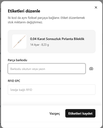 SARRAF — Barkod ve RFID etiketlerini düzenleme ekranı