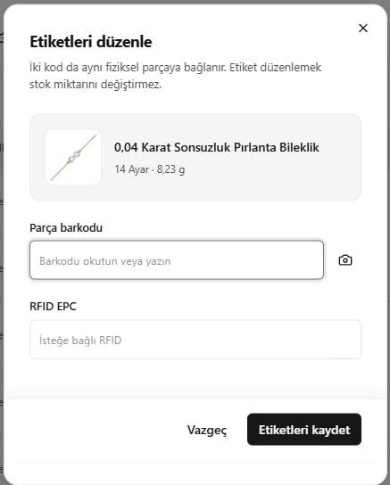 SARRAF — Barkod ve RFID etiketlerini düzenleme ekranı
