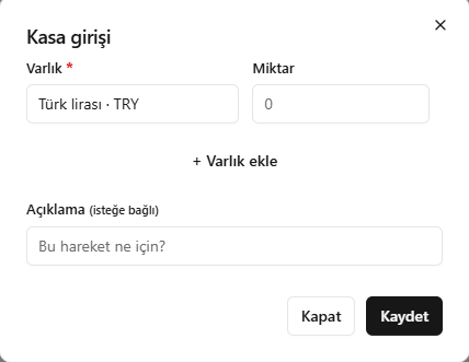 SARRAF — Kasaya giriş veya kasadan çıkış ekranı