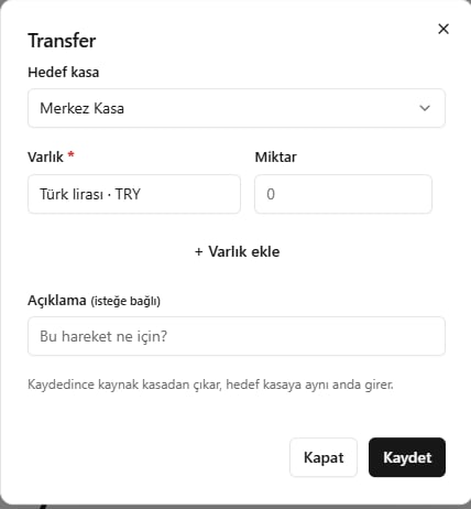 SARRAF — Kasalar arasında transfer ekranı