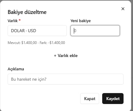 SARRAF — Bakiyeyi düzeltme ekranı