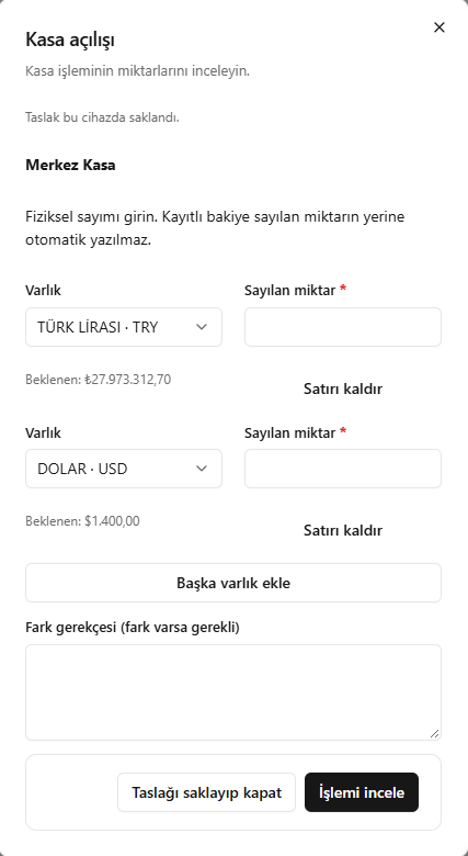 SARRAF — Kasa açılış sayımı ekranı