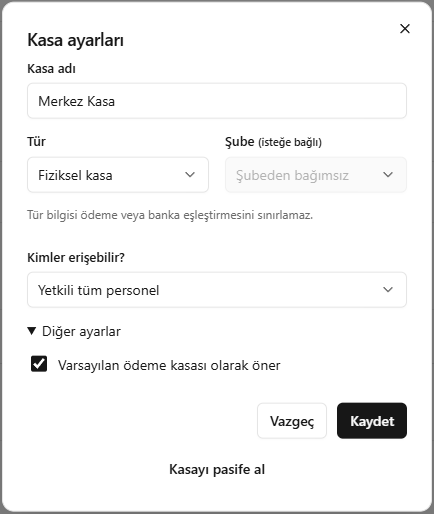 SARRAF — Kasa ayarları ekranı
