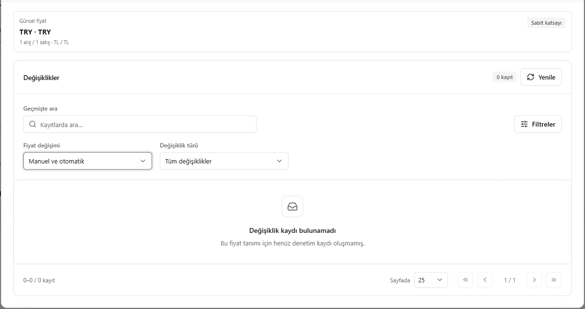 SARRAF — Fiyat değişiklik kayıtları ekranı