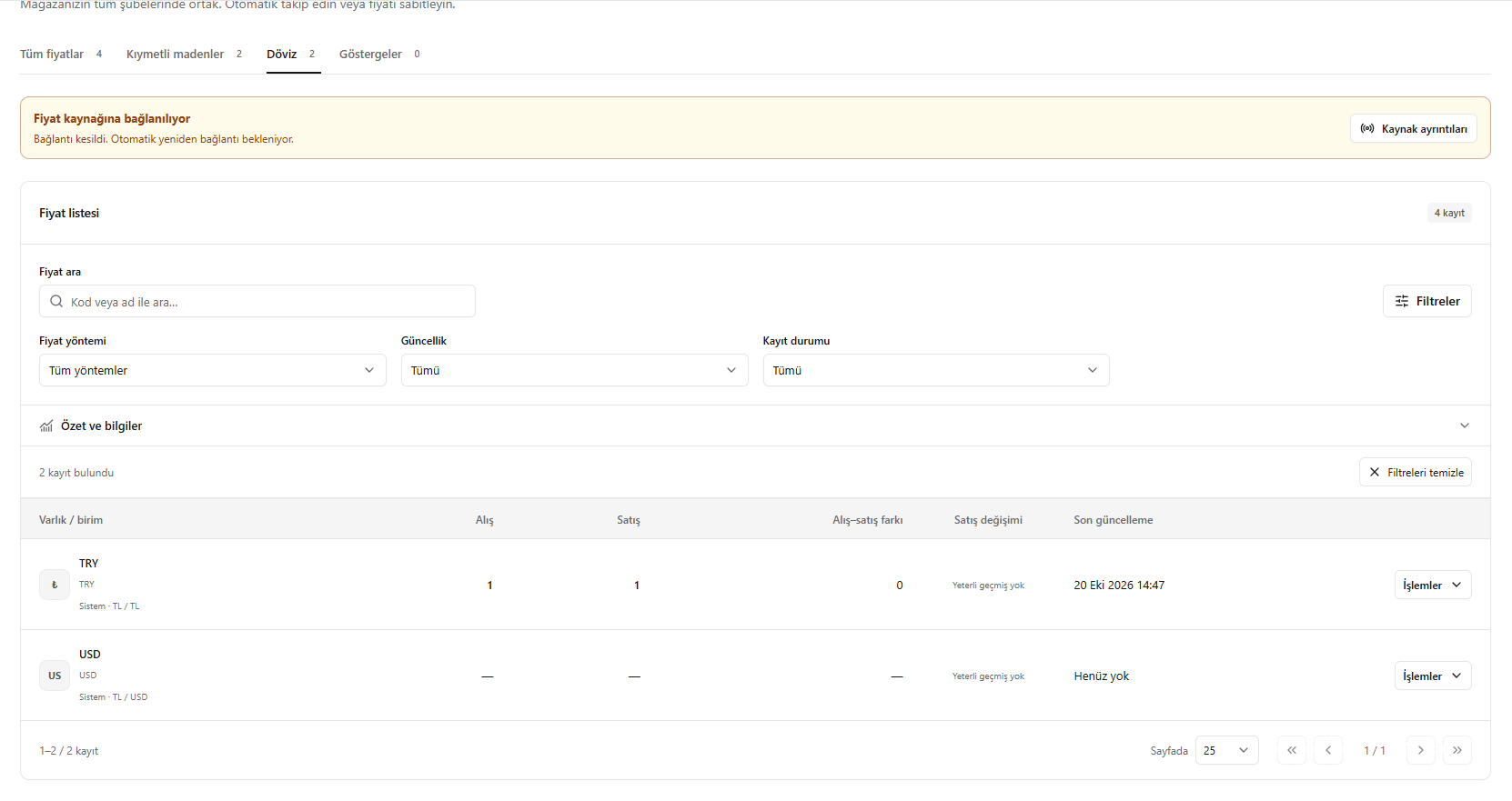 SARRAF — Döviz kurlarını takip etme ekranı