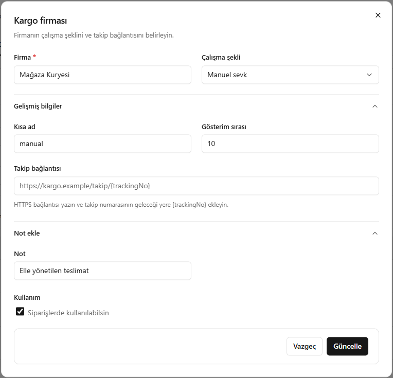 SARRAF — Kargo firmasını düzenleme ekranı