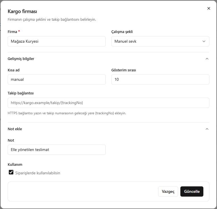 SARRAF — Kargo firmasını düzenleme ekranı