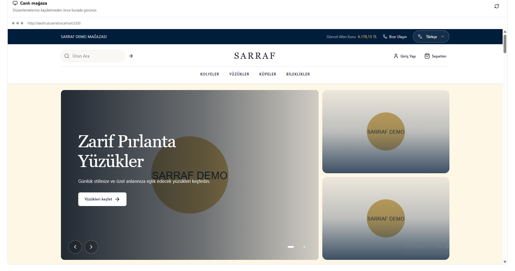 SARRAF — Canlı mağaza önizlemesi ekranı