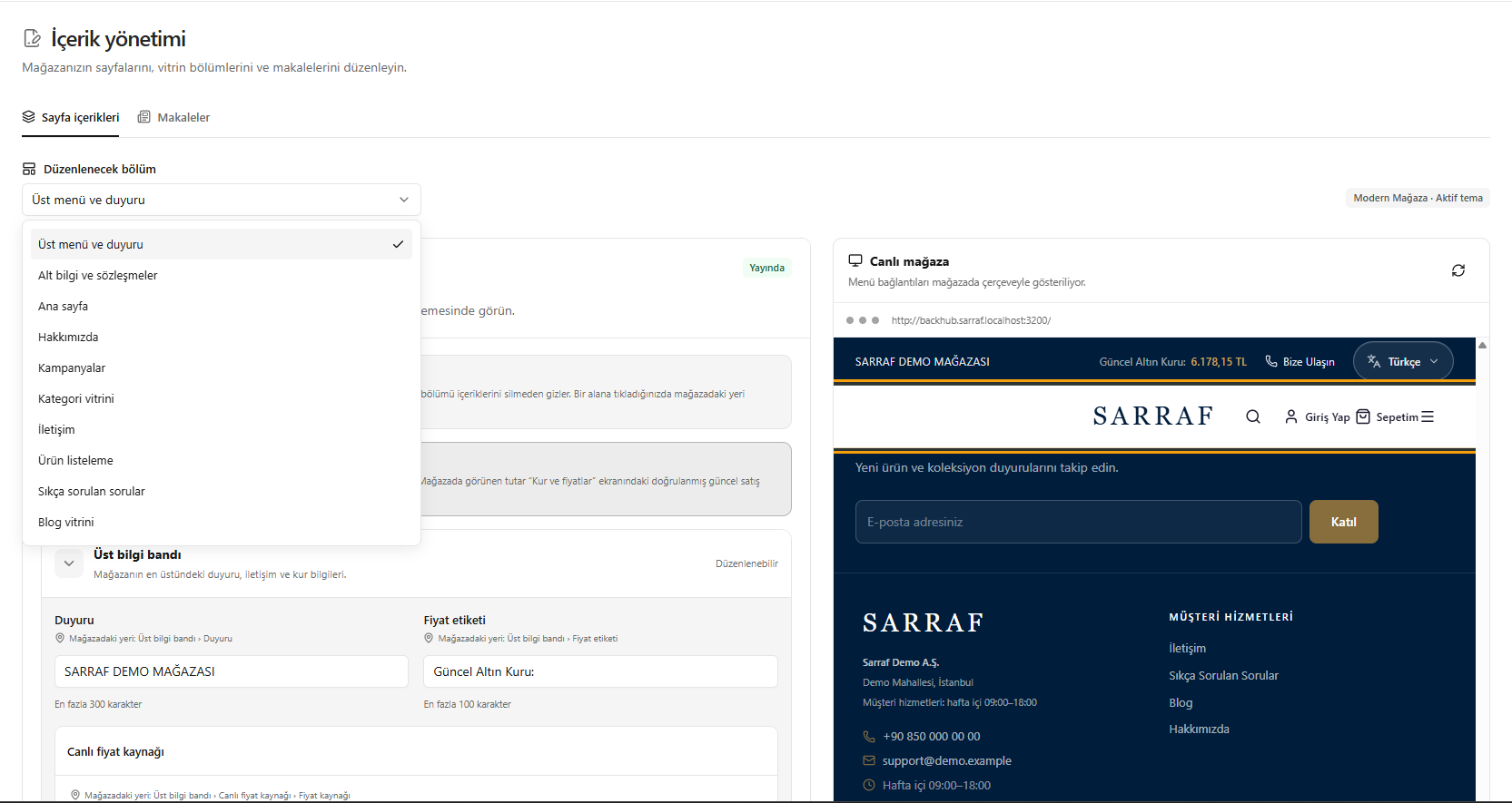 SARRAF — Düzenlenecek bölümü seçme ekranı