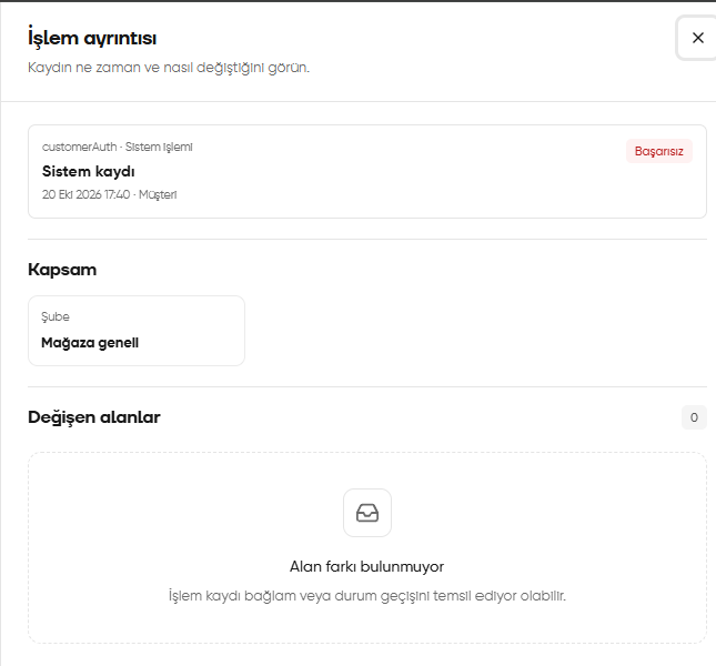 Başarısız işlem sonucu, Mağaza geneli kapsamı ve alan farkı bulunmayan işlem ayrıntısı