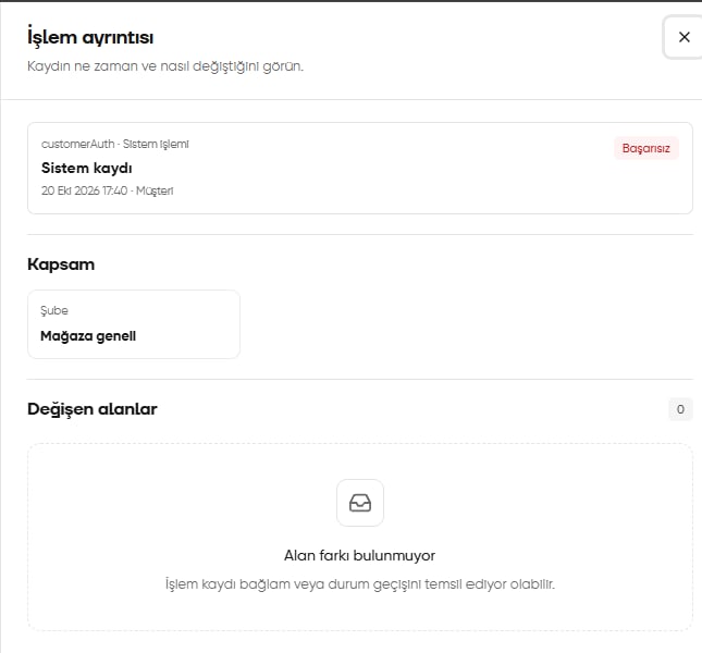 Başarısız işlem sonucu, Mağaza geneli kapsamı ve alan farkı bulunmayan işlem ayrıntısı