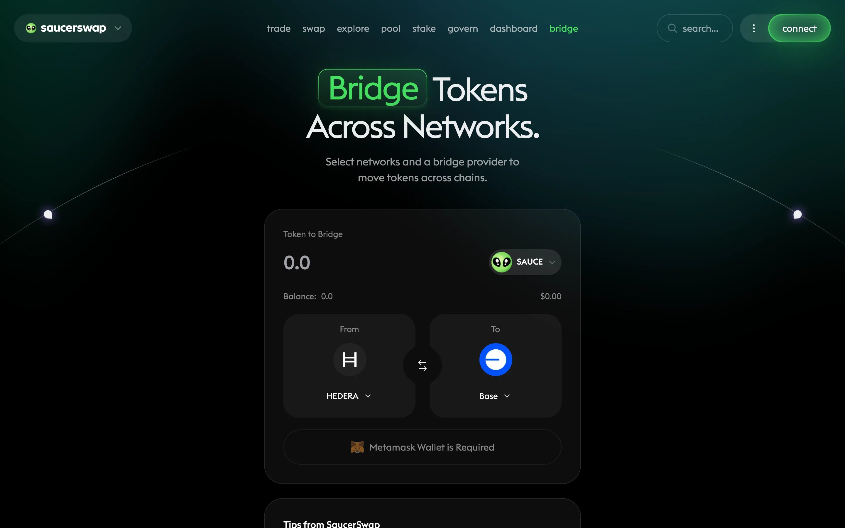 SaucerSwap bridge page showing source and destination chain and token selectors