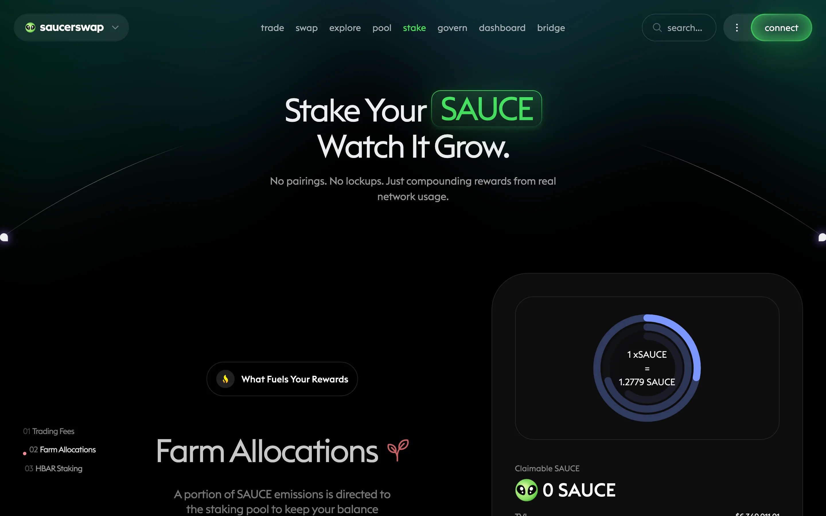 SaucerSwap stake page showing the SAUCE staking panel and reward sources