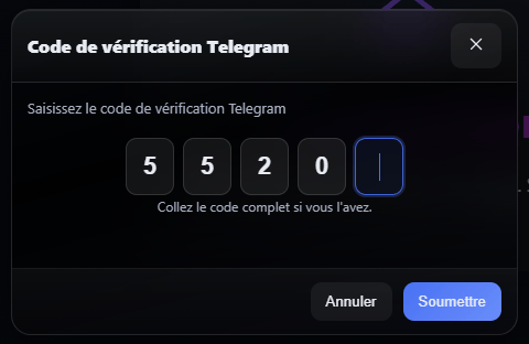 Modale de saisie du code de vérification Telegram