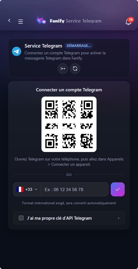 Page de connexion Telegram : QR code et numéro de téléphone