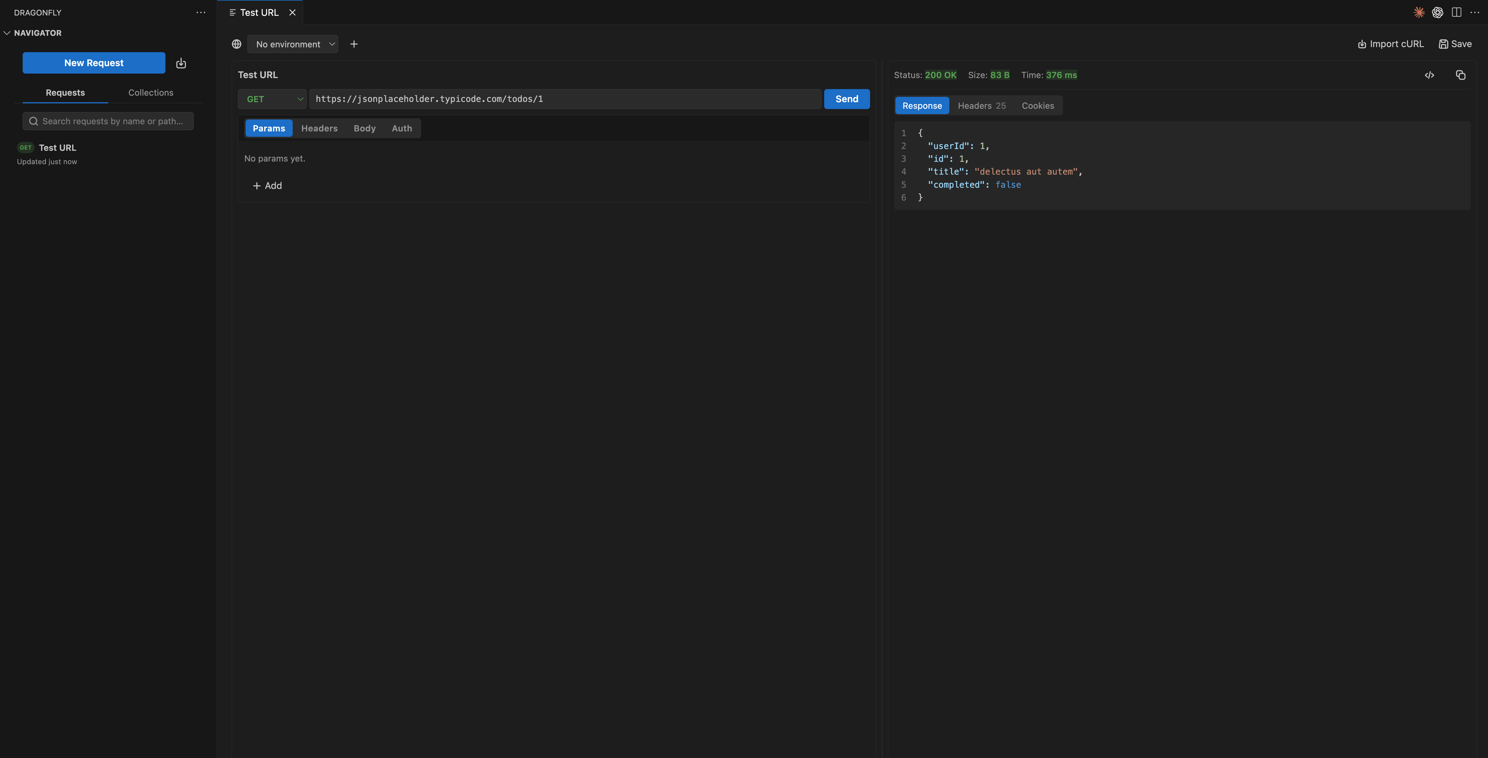 Dragonfly running inside VS Code with a GET request and its JSON response side by side