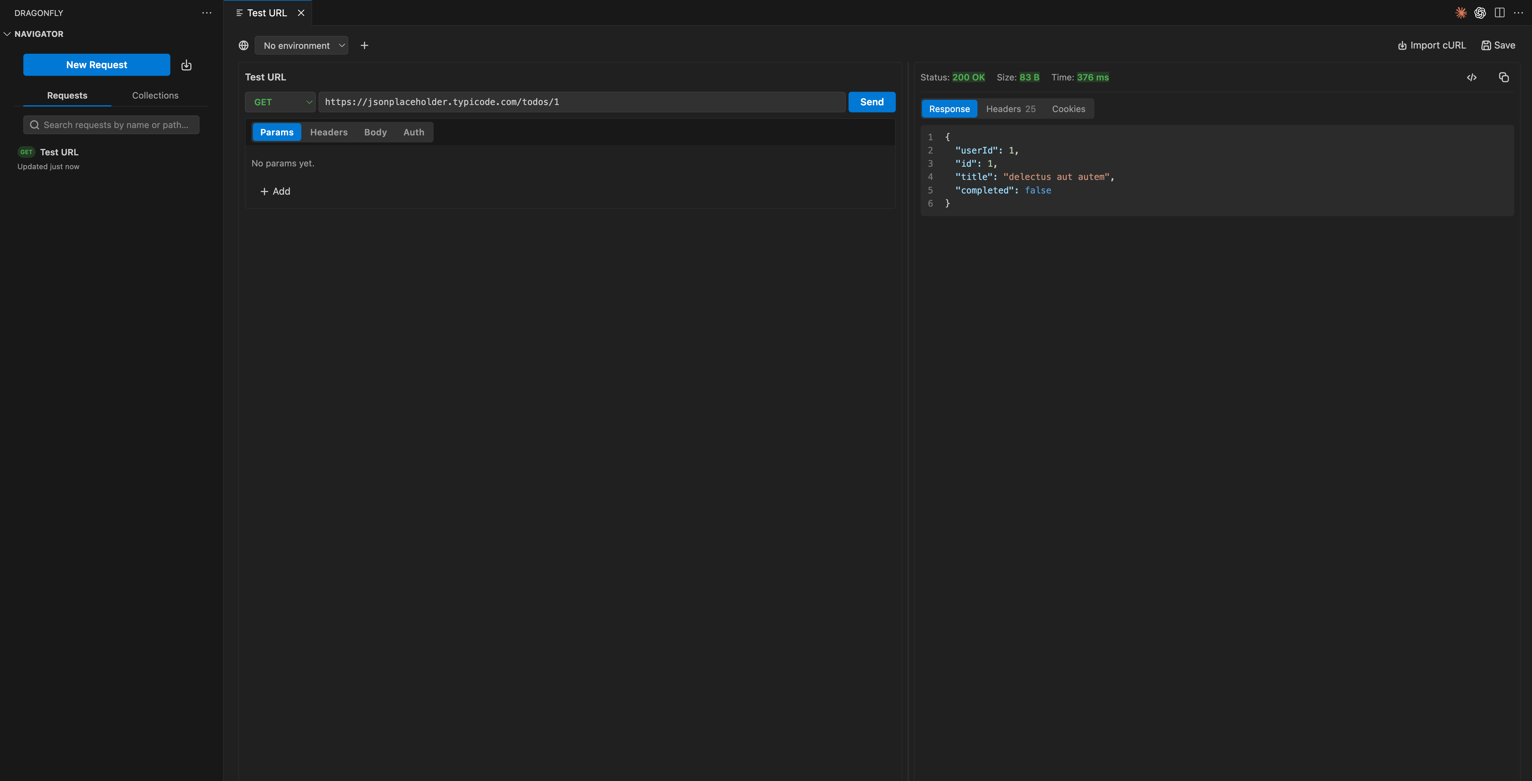 Dragonfly running inside VS Code with a GET request and its JSON response side by side