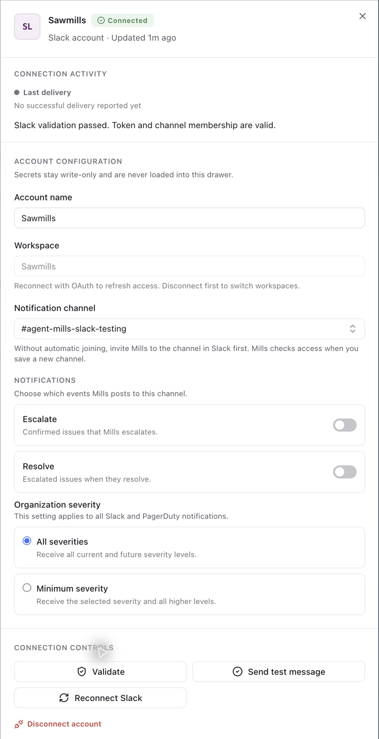 Configured Slack account with successful token and channel validation