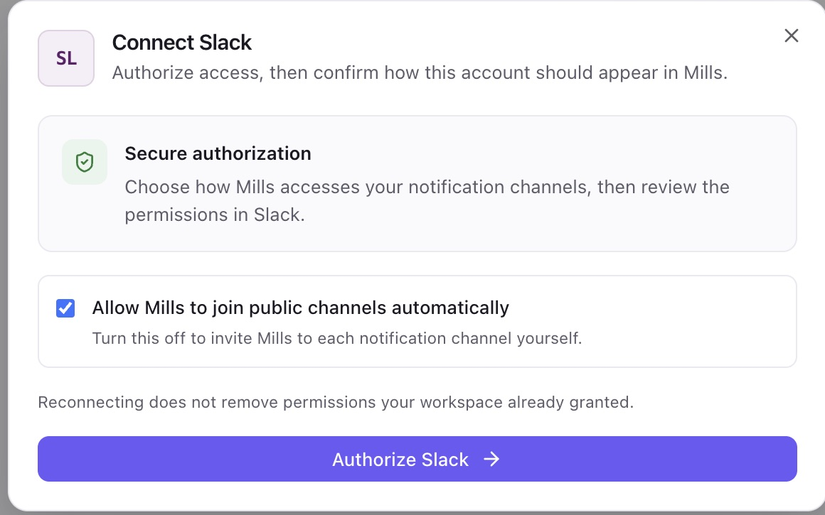 Mills Connect Slack authorization options