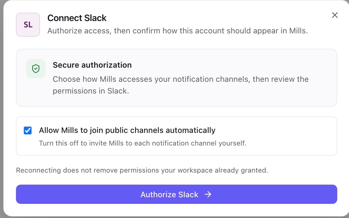 Mills Connect Slack authorization options