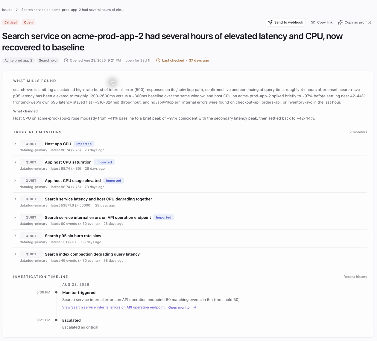 Historical Acme demo issue findings, monitors, and investigation timeline