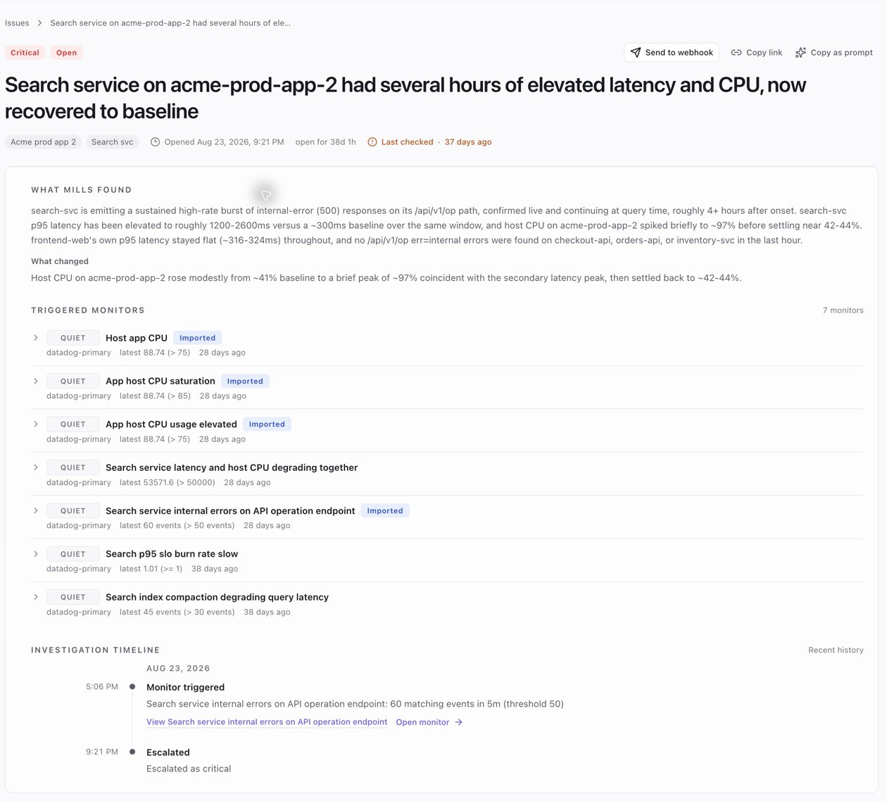 Historical Acme demo issue findings, monitors, and investigation timeline